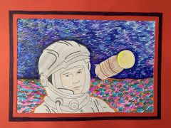 Рисунок Анны Григорьевой, 5 “г” класс, школа № 19.Он сказал: “Поехали!” На Парнасе 